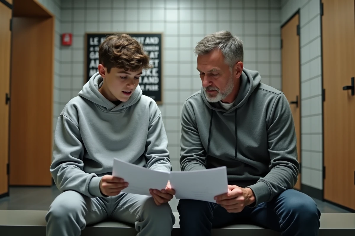 Adolescent et son père examinant un contrat d'adhésion dans les vestiaires d'une salle de fitness