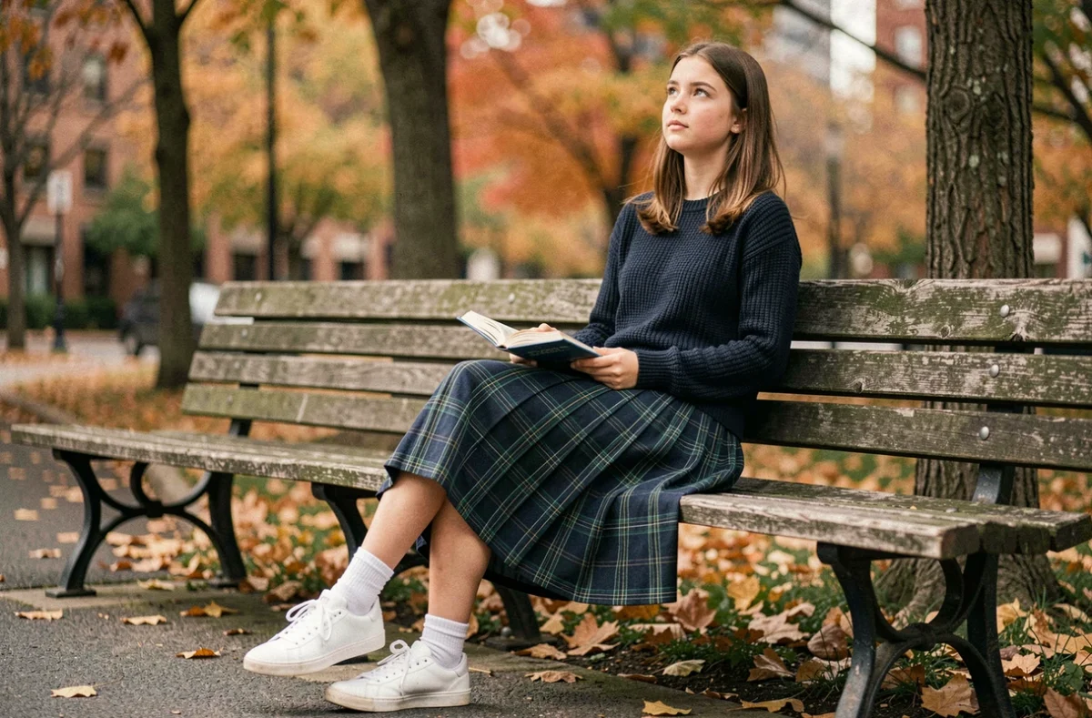 Adolescente en jupe écossaise plissée assise dans un parc en automne, illustrant les symboles vestimentaires de la jeunesse féminine