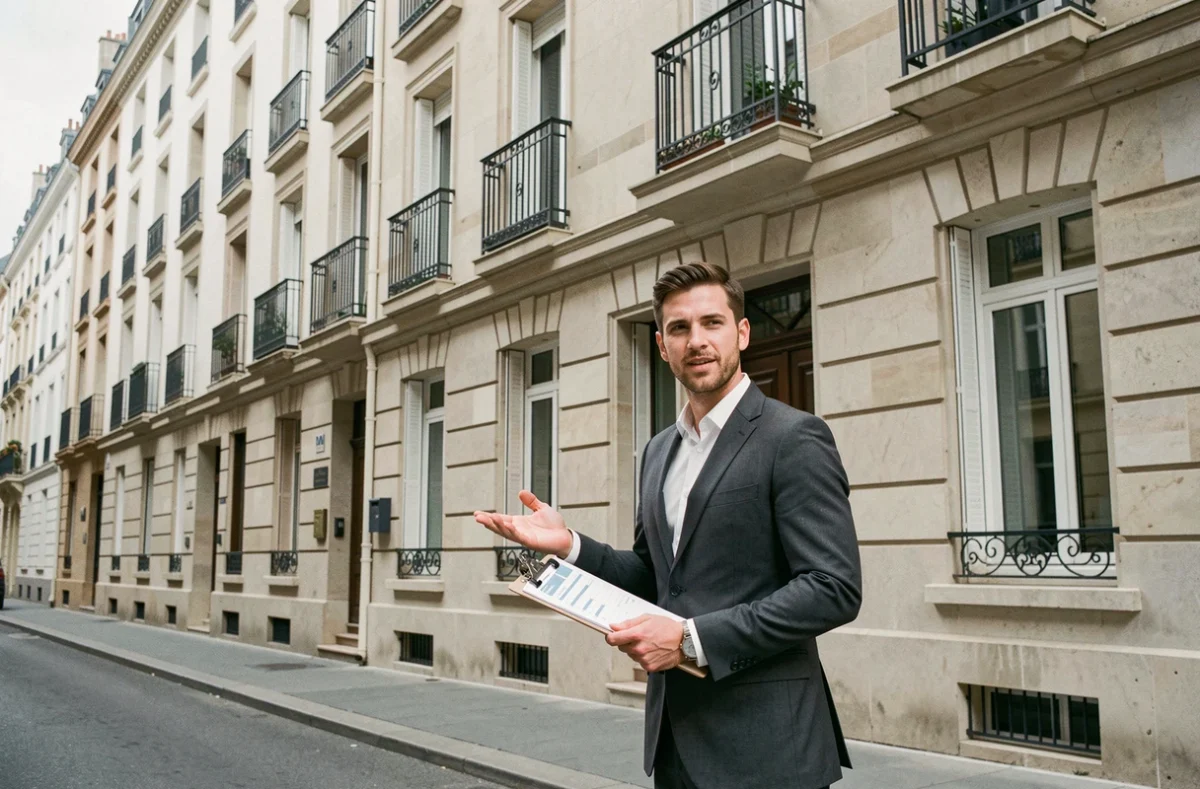 Agent immobilier présentant un immeuble locatif rénové dans une rue résidentielle urbaine française