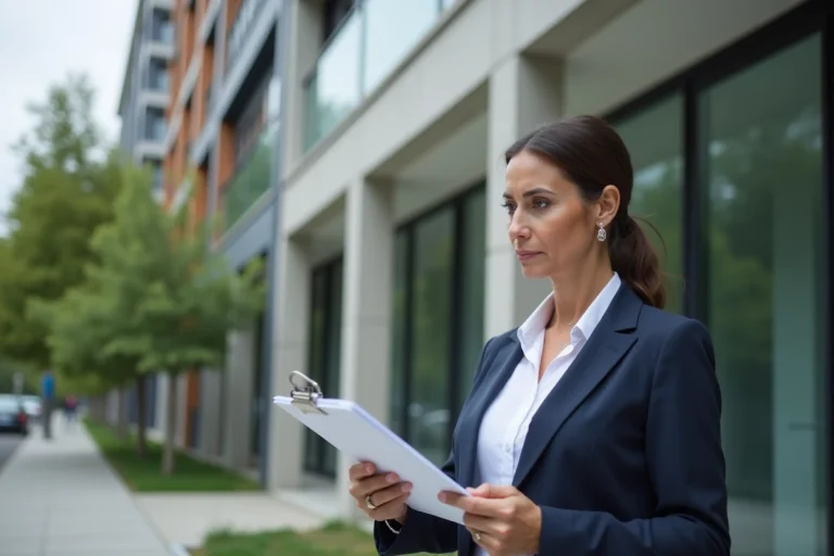 Agent immobilière devant un immeuble moderne consultant des documents sur l'évolution des prix immobiliers