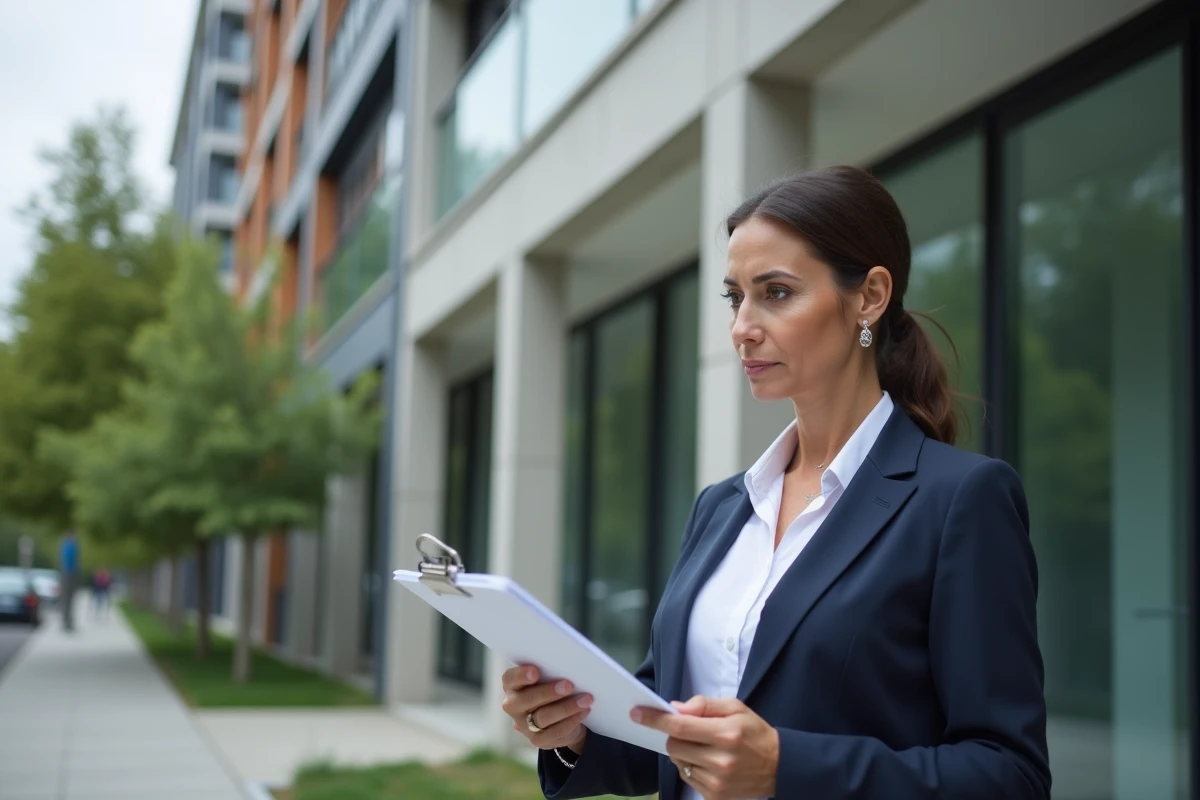 Agent immobilière devant un immeuble moderne consultant des documents sur l'évolution des prix immobiliers