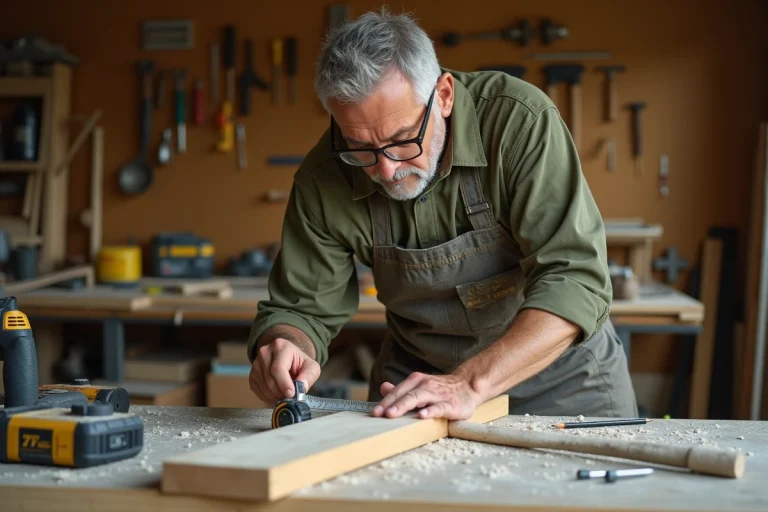 Homme bricoleur mesurant une planche en bois dans un atelier de garage bien équipé