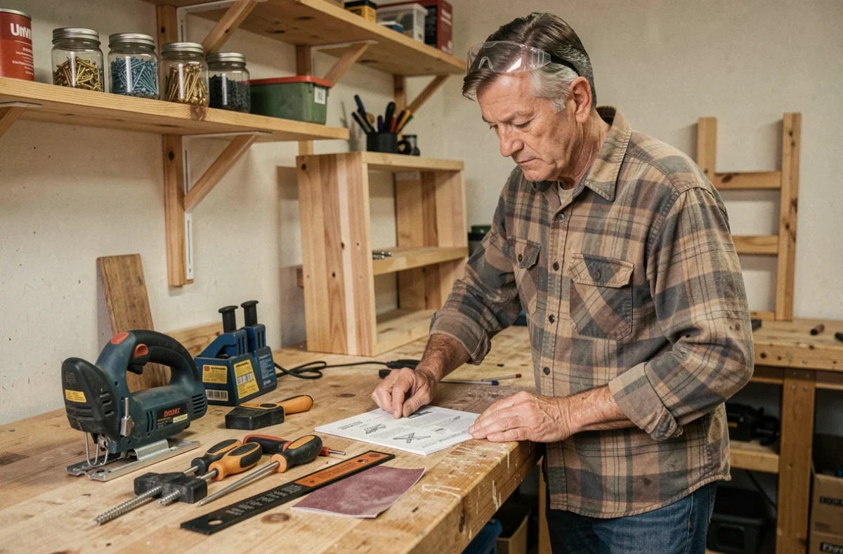 Homme expérimenté consultant une fiche technique devant ses outils de bricolage posés sur un établi en bois