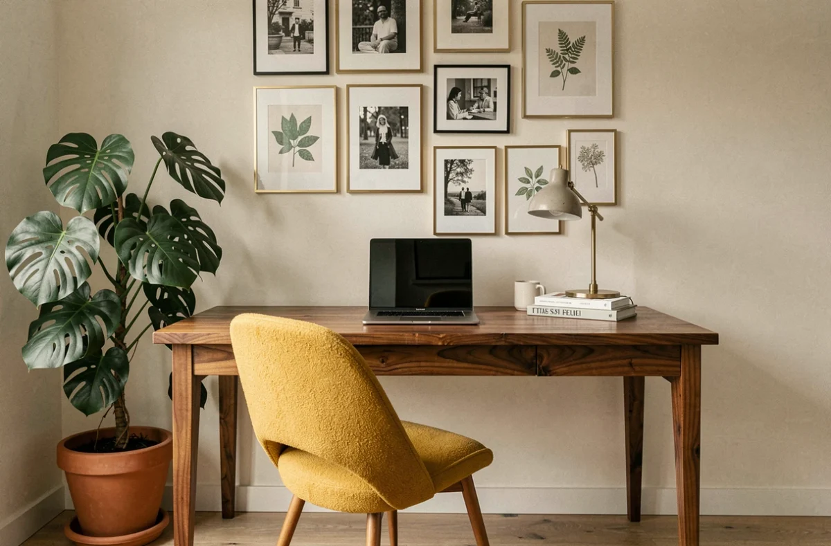 Bureau à domicile moderne avec bureau en noyer, chaise bouclé jaune moutarde et mur galerie de cadres laiton