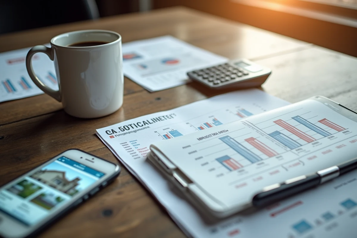 Bureau avec rapports immobiliers, graphiques de prix et smartphone affichant des annonces de biens