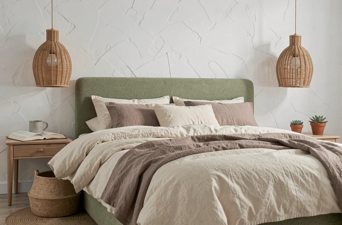 Chambre tendance style scandinave avec tête de lit en bouclé vert sauge et literie en lin superposée