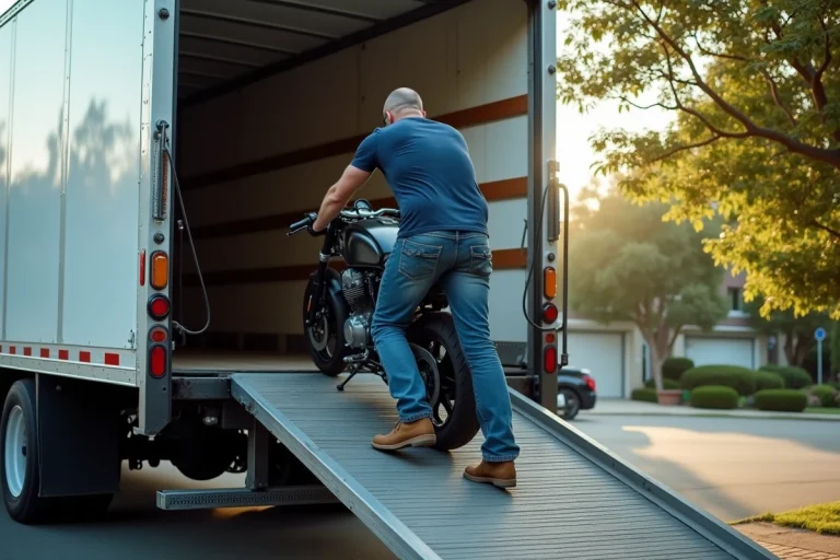 Homme chargeant une moto sur une rampe dans un camion de location blanc dans une rue résidentielle