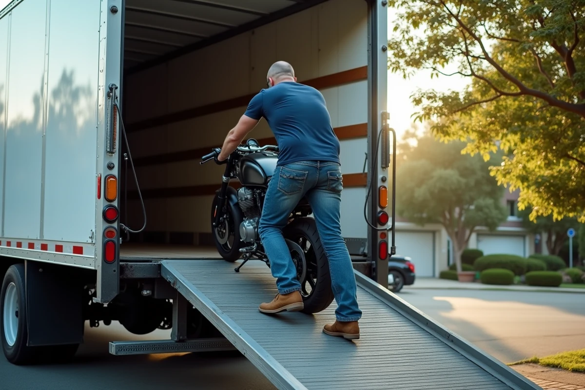 Homme chargeant une moto sur une rampe dans un camion de location blanc dans une rue résidentielle