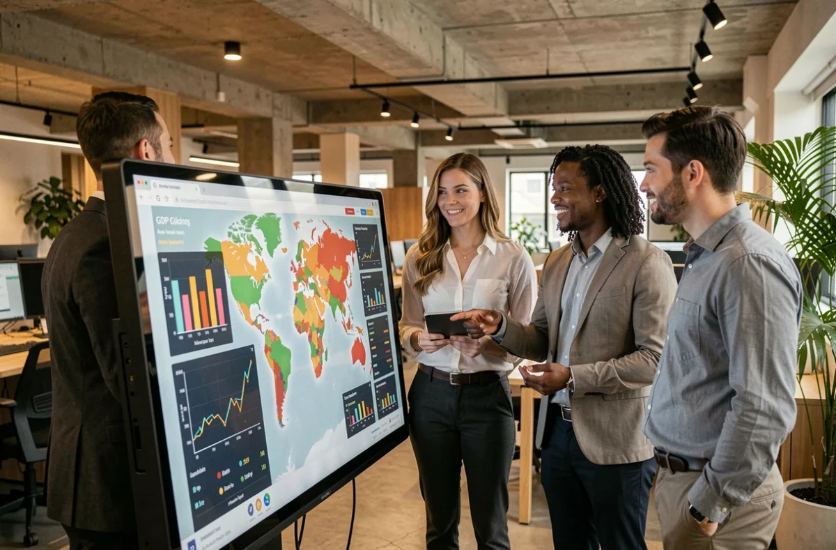 Analystes financiers étudiant un classement mondial de la richesse par pays sur un écran interactif