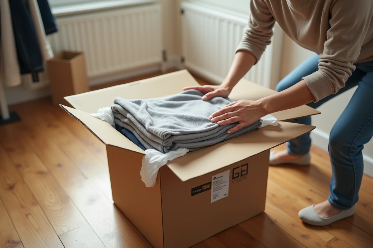 Colis de vêtements d'occasion soigneusement emballé avec une étiquette d'envoi pour Sellpy