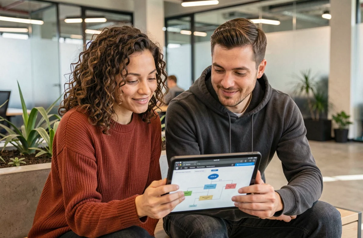 Deux collègues explorant ensemble le plan du site d'une plateforme d'offres d'emploi sur une tablette