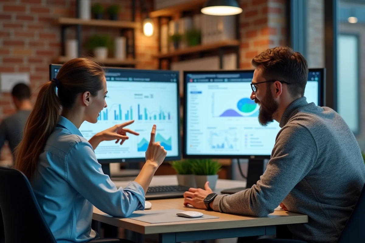 Deux collègues travaillant ensemble sur un projet numérique devant un écran dans un espace de coworking, illustrant la collaboration d'équipe