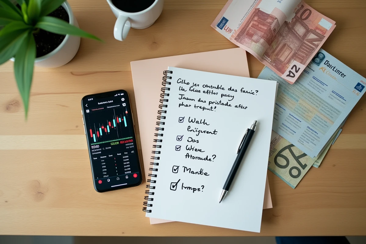 Vue aérienne d'un tableau comparatif manuscrit entre PEA et compte-titres avec smartphone et billets d'euros