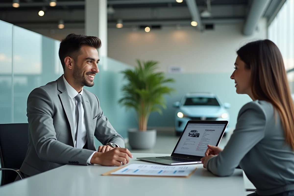 Jeune conseiller automobile et cliente comparant des fiches techniques de véhicules dans un bureau de consultation en concession