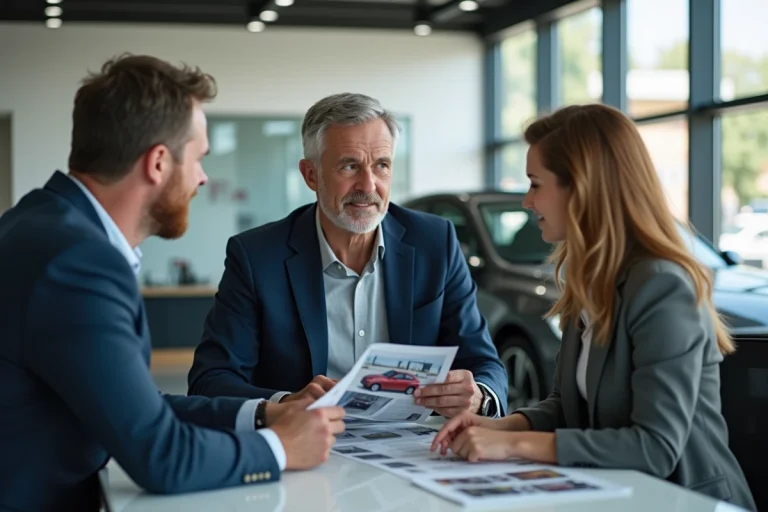 Conseiller automobile professionnel en réunion avec un couple dans une concession moderne pour choisir leur prochain véhicule