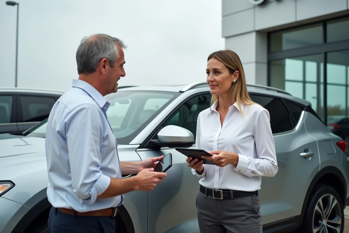 Conseillère automobile féminine présentant les caractéristiques d'un SUV à un client sur le parking d'une concession