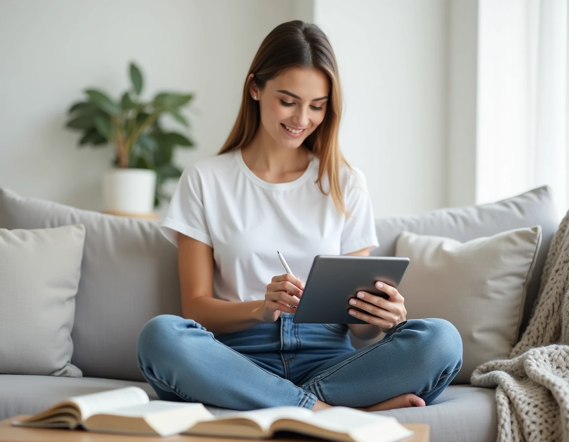 Femme assise sur un canapé consultant une plateforme de blog sur tablette avec un carnet de notes à la main