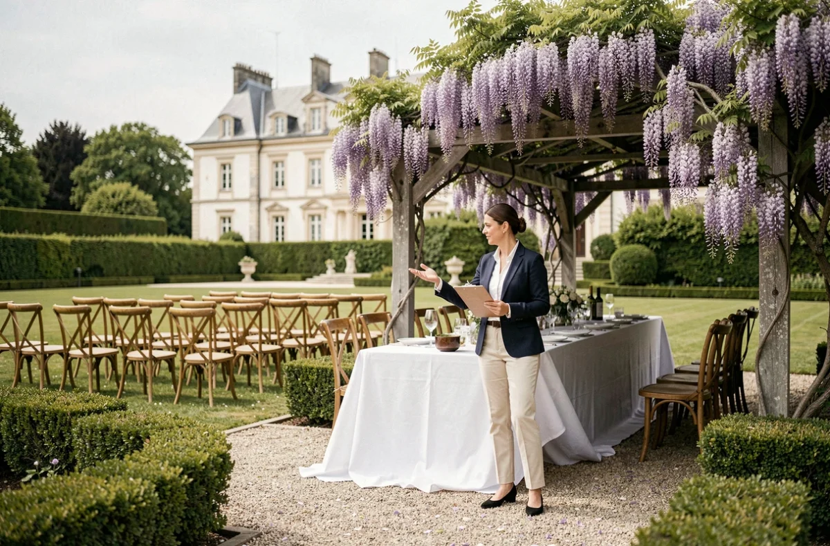 Coordinatrice de mariage organisant une réception extérieure élégante dans le jardin d'un château français sous une pergola de glycine