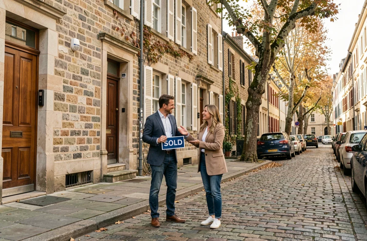 Couple heureux devant une maison de ville rénovée après un investissement immobilier réussi dans un quartier résidentiel