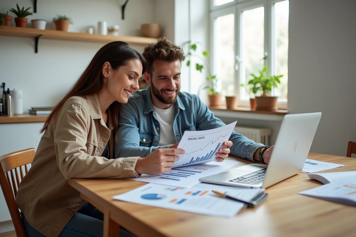 Couple étudiant les tendances du marché immobilier sur des graphiques et un ordinateur portable à la maison