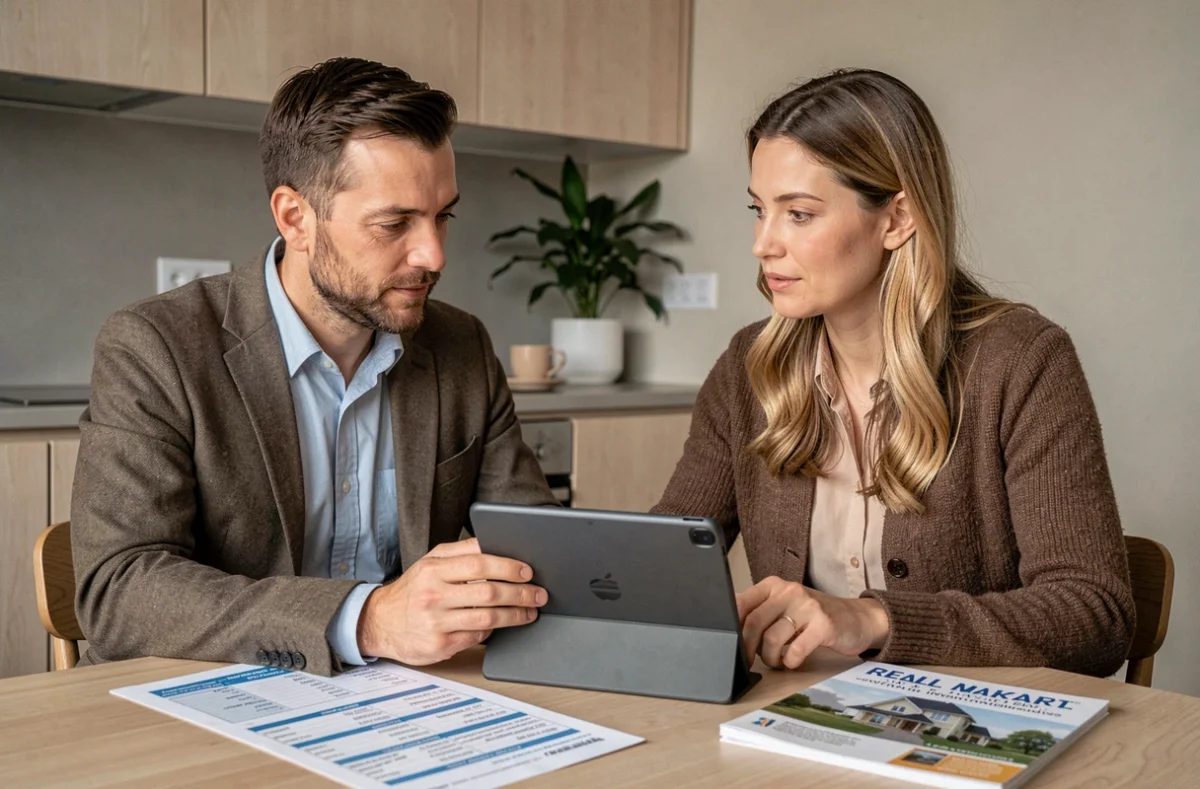 Couple d'investisseurs étudiant une simulation de rendement locatif sur tablette à leur table de cuisine