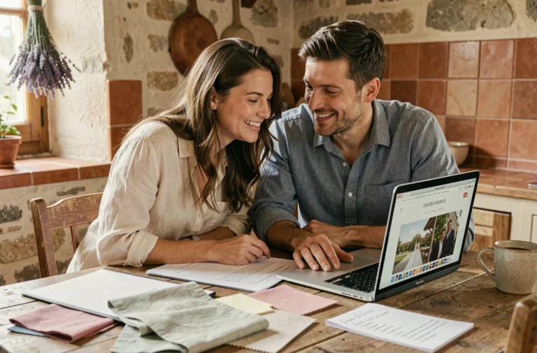 Couple français organisant leur mariage autour d'une table en bois avec documents et ordinateur portable dans une cuisine provençale