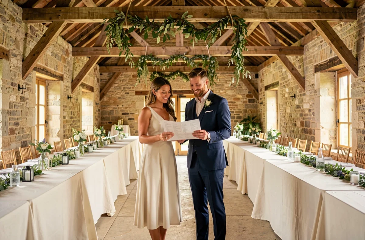 Couple passant en revue le plan de table dans une salle de mariage rustique en pierre avec décoration végétale