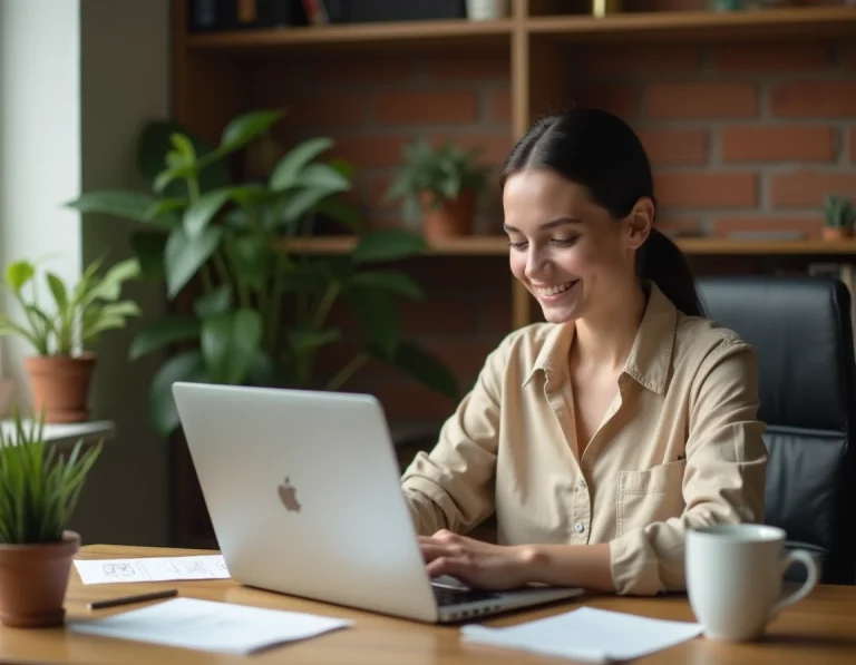 Jeune femme créant son blog sur un ordinateur portable dans un bureau à domicile cosy avec des notes manuscrites