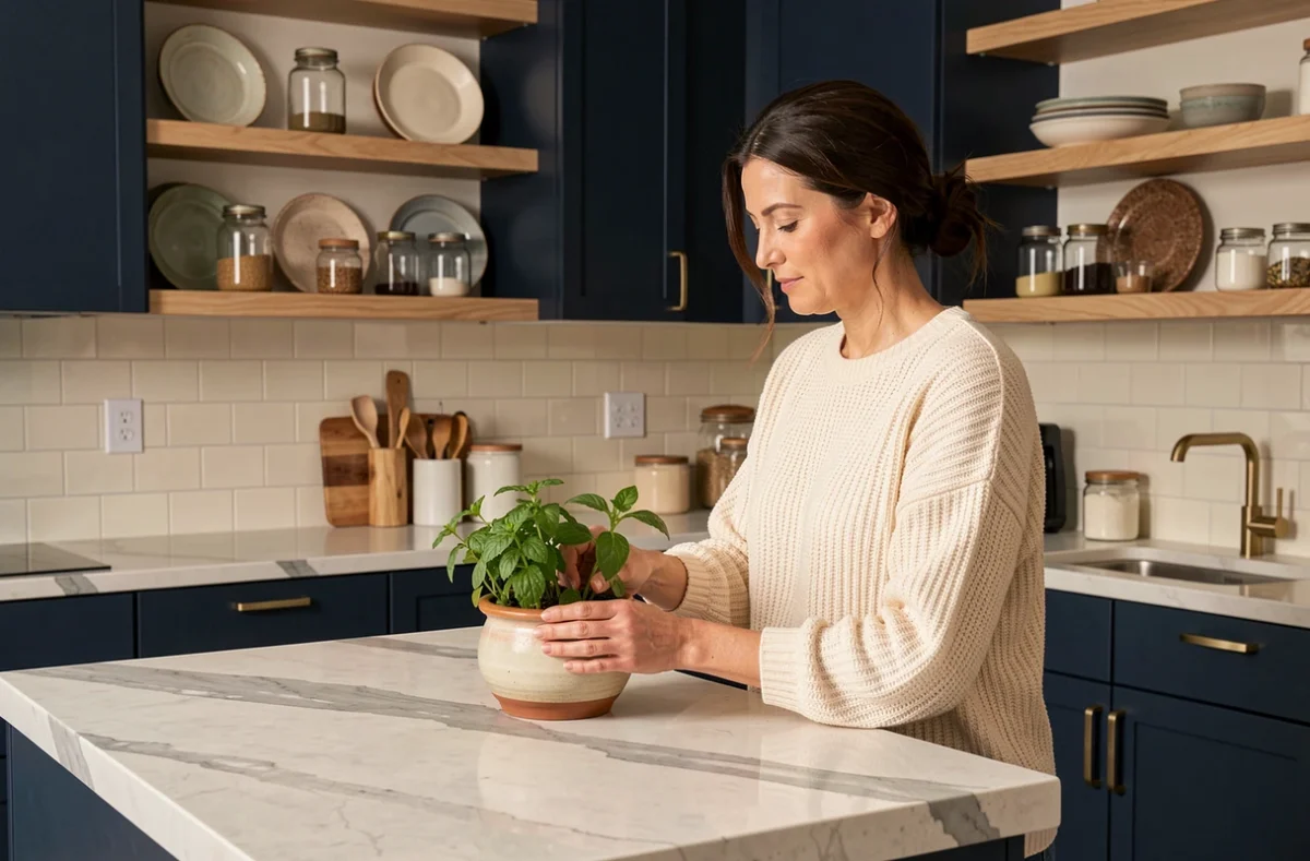 Femme arrangeant des herbes fraîches dans une cuisine moderne aux armoires bleu marine et comptoir en quartz