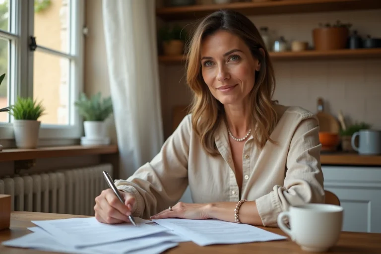 Femme remplissant une déclaration d'hébergement à titre gratuit à la table de sa cuisine