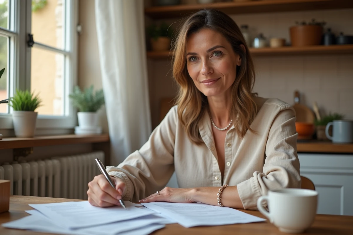 Femme remplissant une déclaration d'hébergement à titre gratuit à la table de sa cuisine