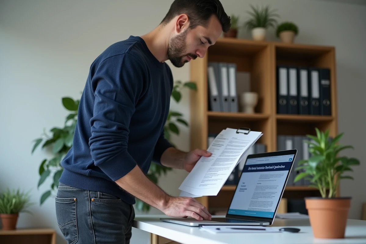 Homme consultant les démarches administratives pour un hébergement à titre gratuit sur ordinateur