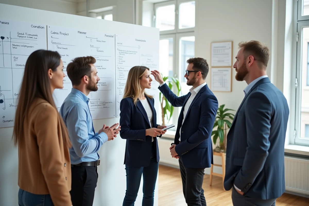 Une équipe d'employés réunis devant un tableau blanc lors d'une session de brainstorming pour optimiser la performance de l'entreprise