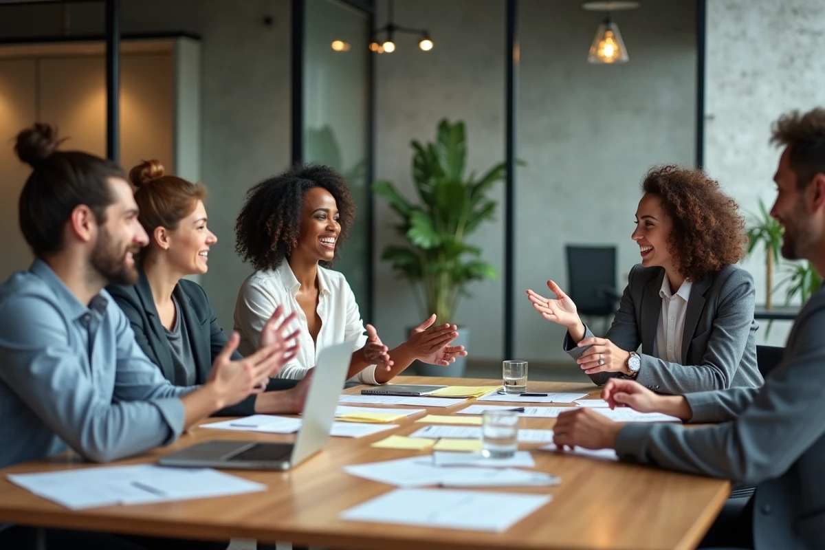 Équipe de professionnels collaborant autour d'une table de réunion dans un bureau moderne pour améliorer la performance collective