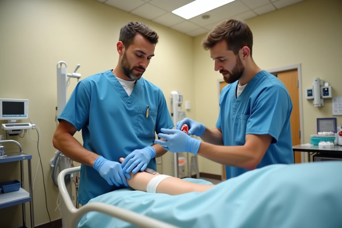 Étudiant infirmier pratiquant une technique de soins sur mannequin dans un laboratoire de simulation clinique