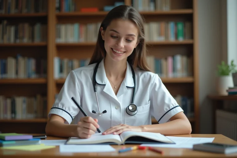Étudiante en soins infirmiers révisant un manuel d'anatomie dans une bibliothèque universitaire
