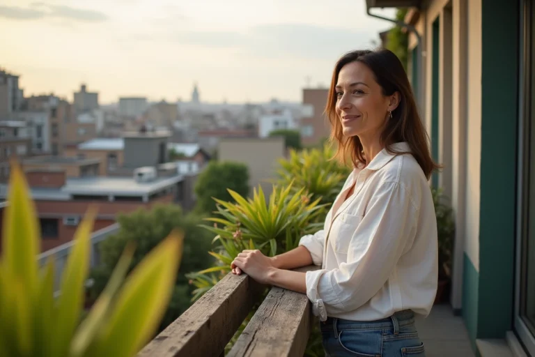 Femme souriante sur un balcon urbain ensoleille