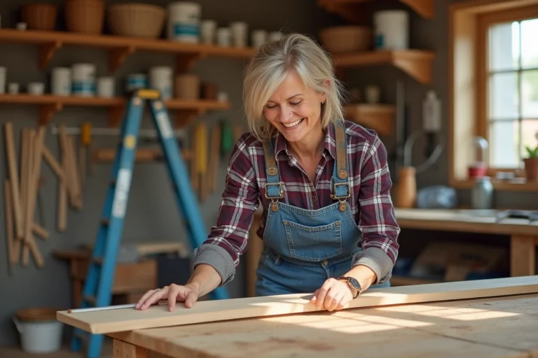 Femme mesurant une planche en bois dans un atelier lumineux