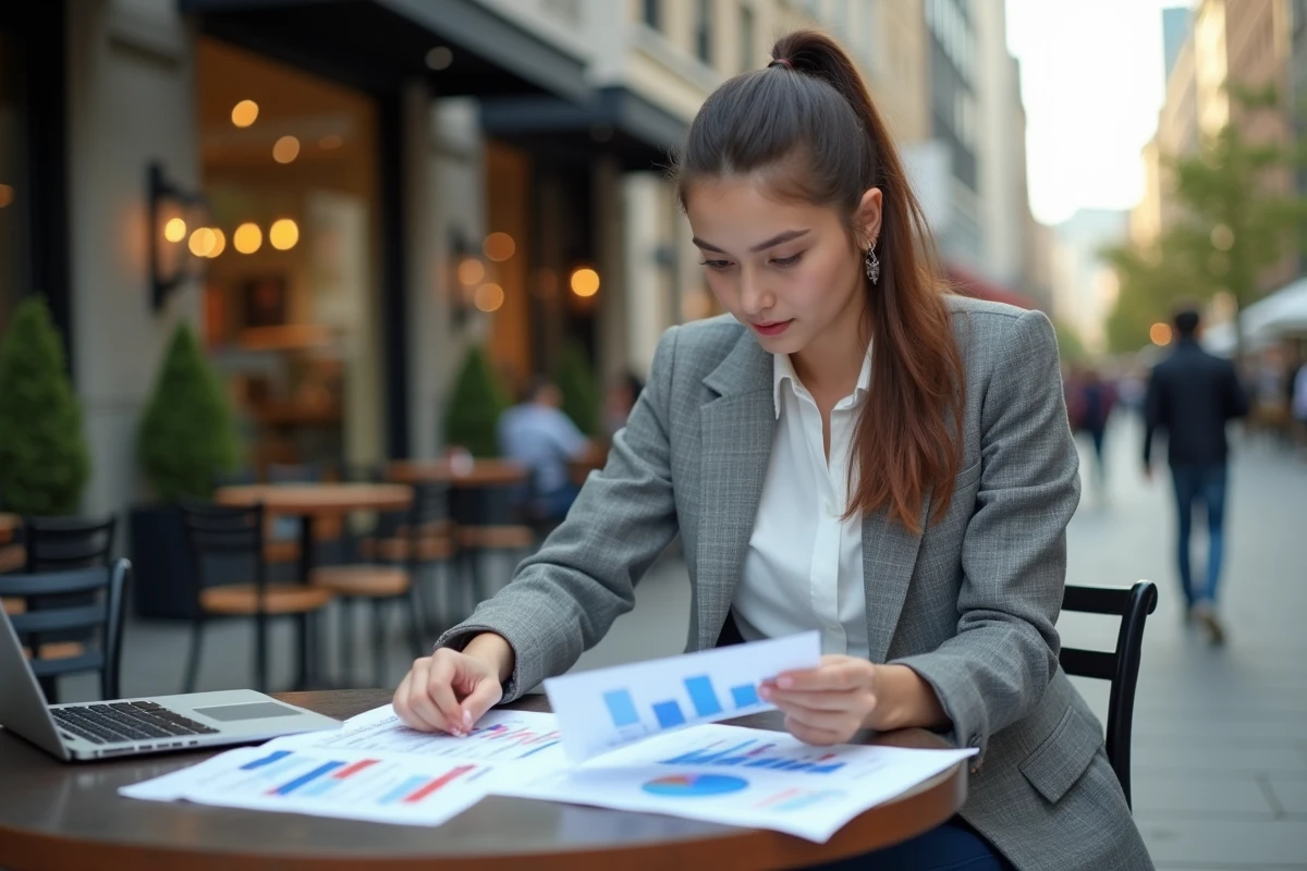 Jeune femme en blazer examine des graphiques financiers en extérieur