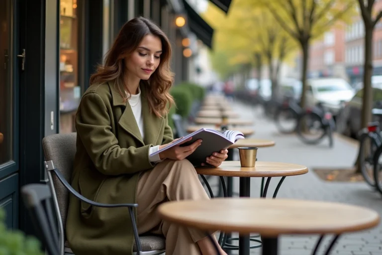 Femme élégante dans un café urbain en automne