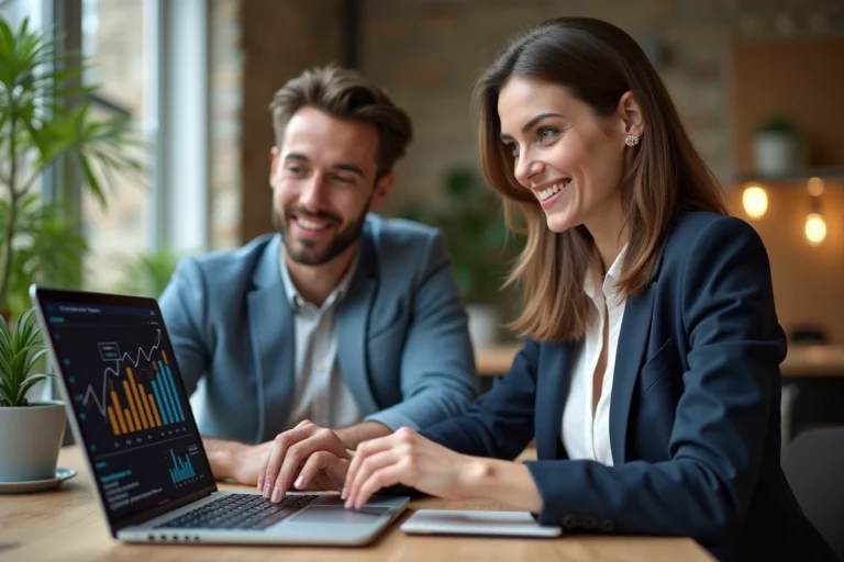 Femme confiante travaillant avec un collègue en marketing digital
