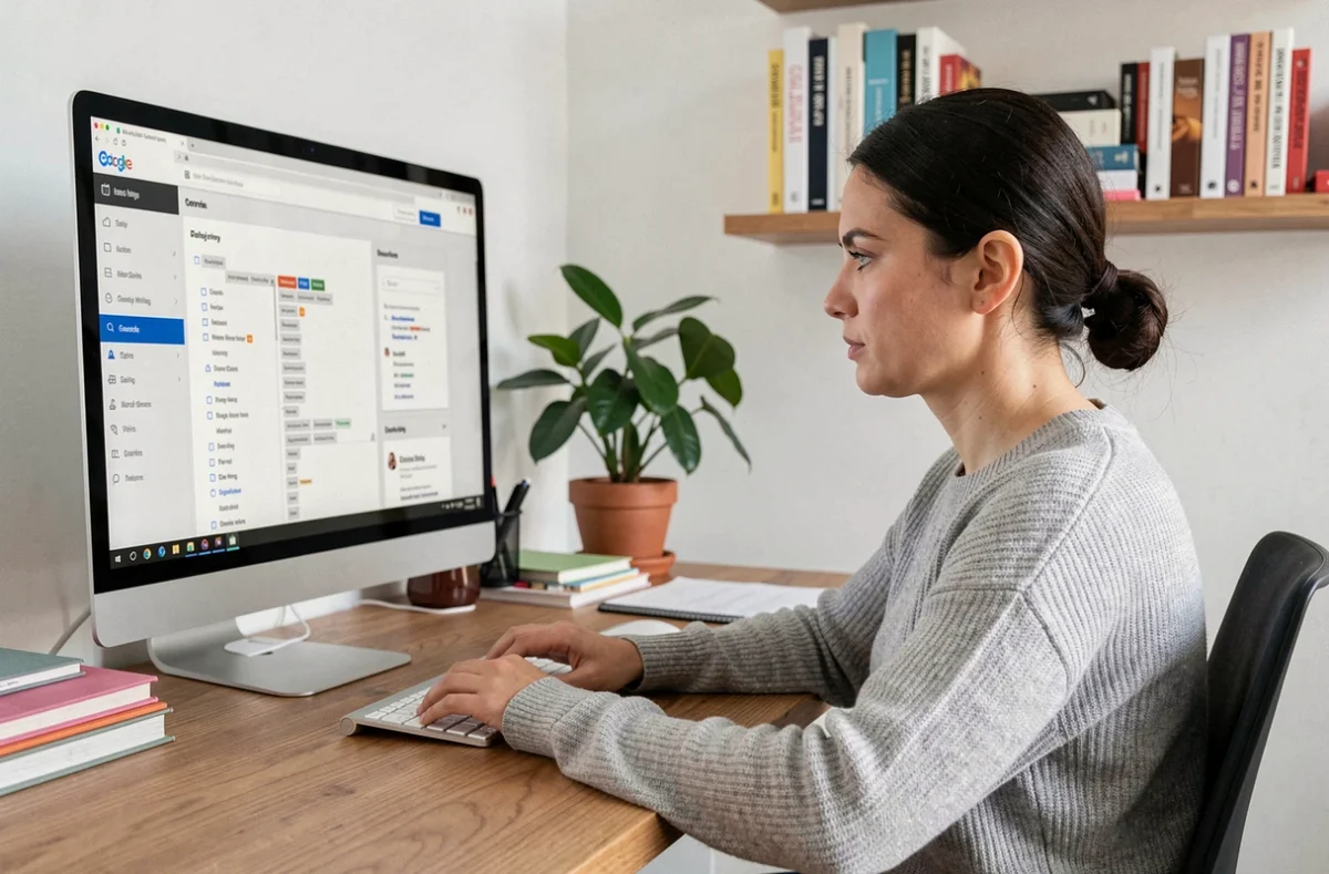 Femme consultant un sitemap de site web sur un grand écran d'ordinateur dans un bureau minimaliste