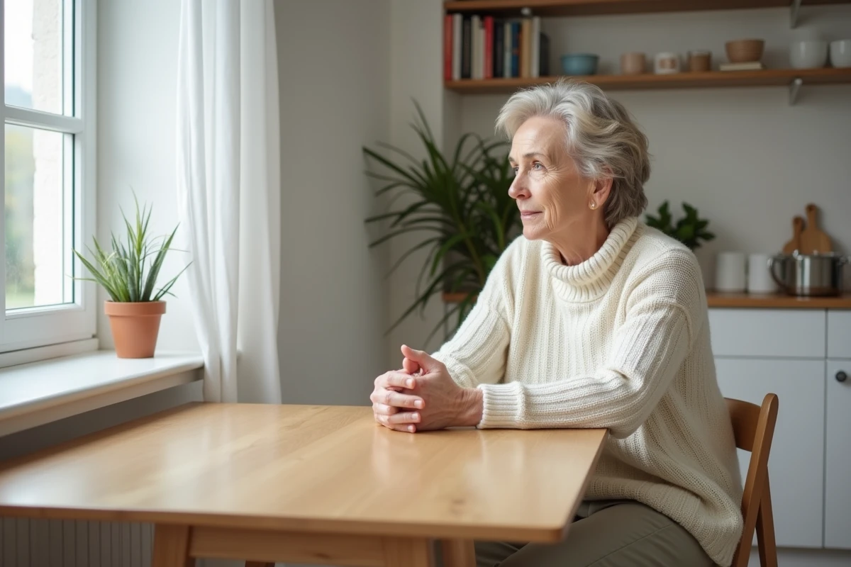 Femme assise dans une cuisine lumineuse et moderne