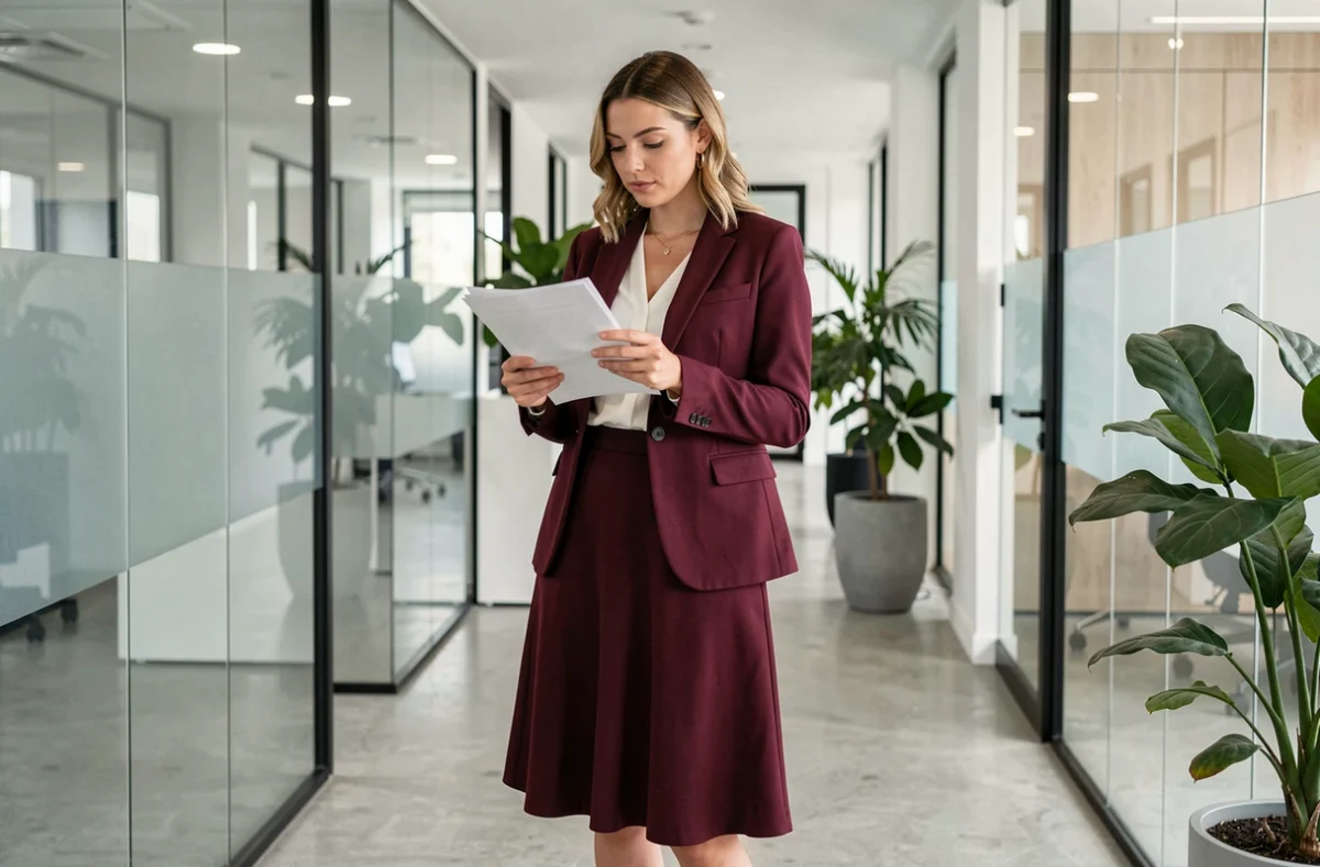 Femme professionnelle en jupe bordeaux structurée dans un couloir de bureau moderne, symbolisant la féminité au travail et les codes vestimentaires