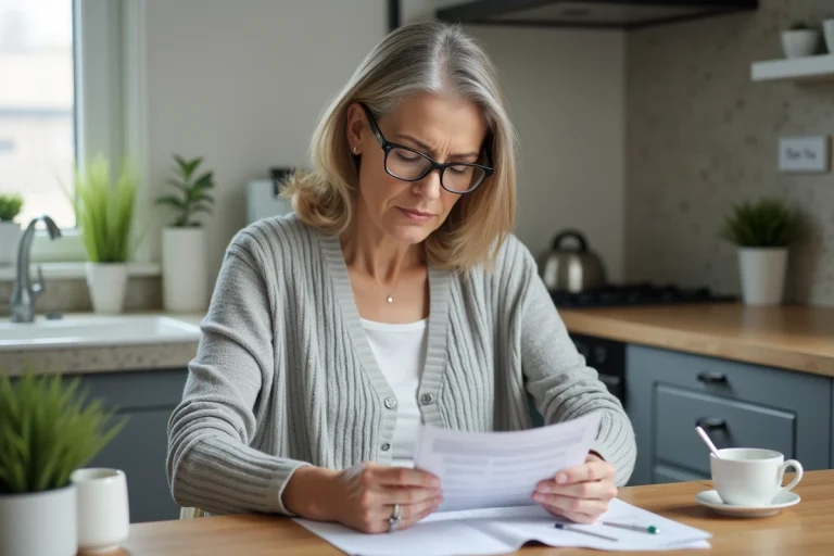 Femme lisant une brochure sur Ocrevus dans une cuisine moderne