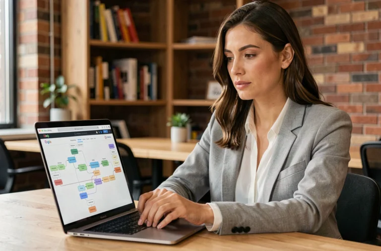 Femme professionnelle naviguant sur le plan du site d'une plateforme d'emploi depuis un bureau en coworking