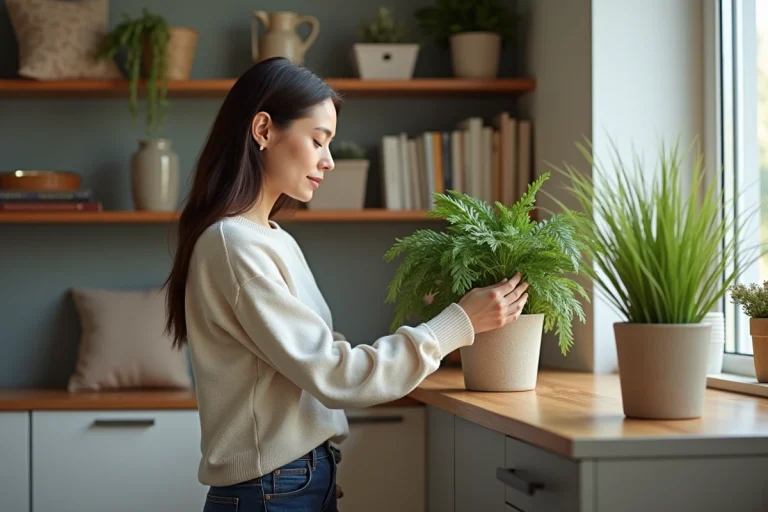 Femme arrangeant des plantes dans un salon cosy