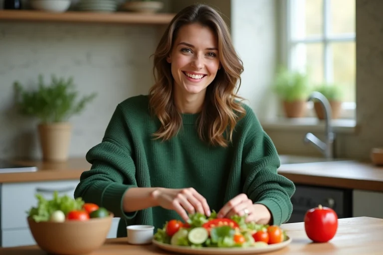 Jeune femme préparant une salade colorée dans la cuisine