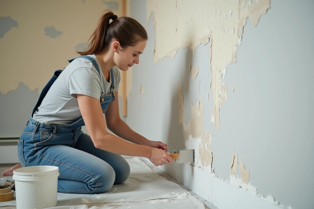 Femme en salopette rénovant un mur intérieur avec un couteau à enduire lors de travaux de bricolage