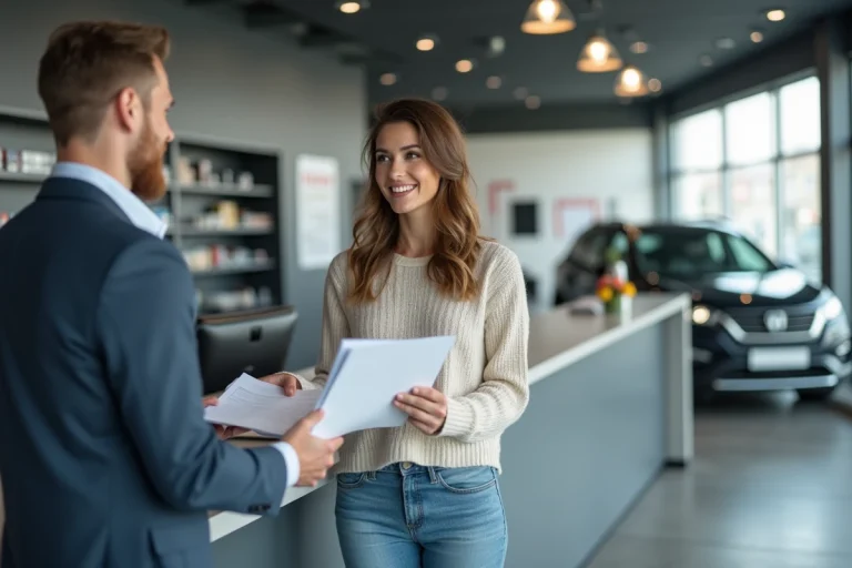 Femme souriante au centre automobile lors d'une transaction